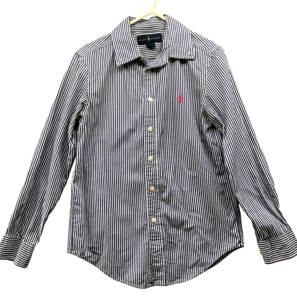 Ralph Lauren Custom Fit Striped Shirt Boys 12 Navy White Long Sleeve Pink Pony